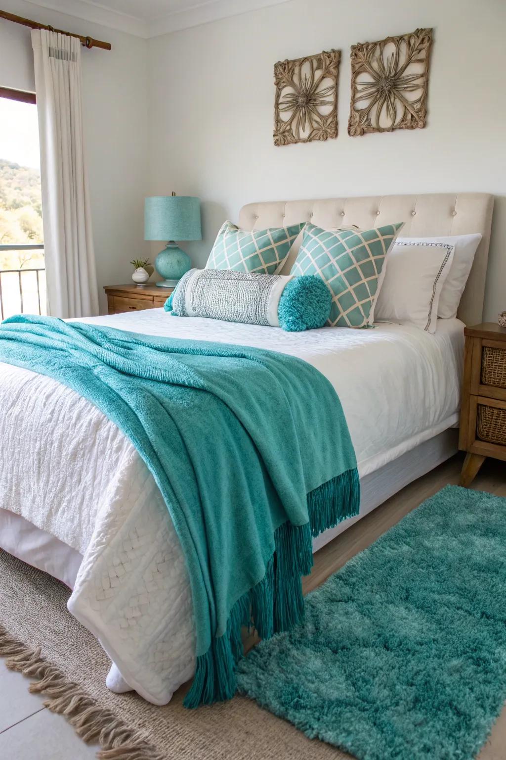 Turquoise textiles add a touch of color and warmth to this inviting bedroom.