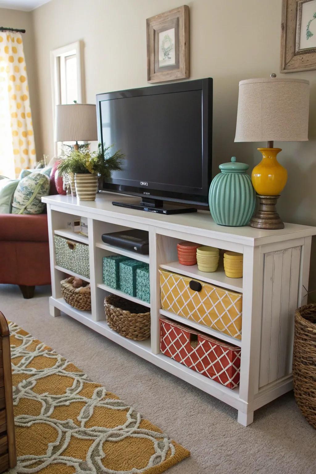 Color coordination connects the TV area to the overall room design.