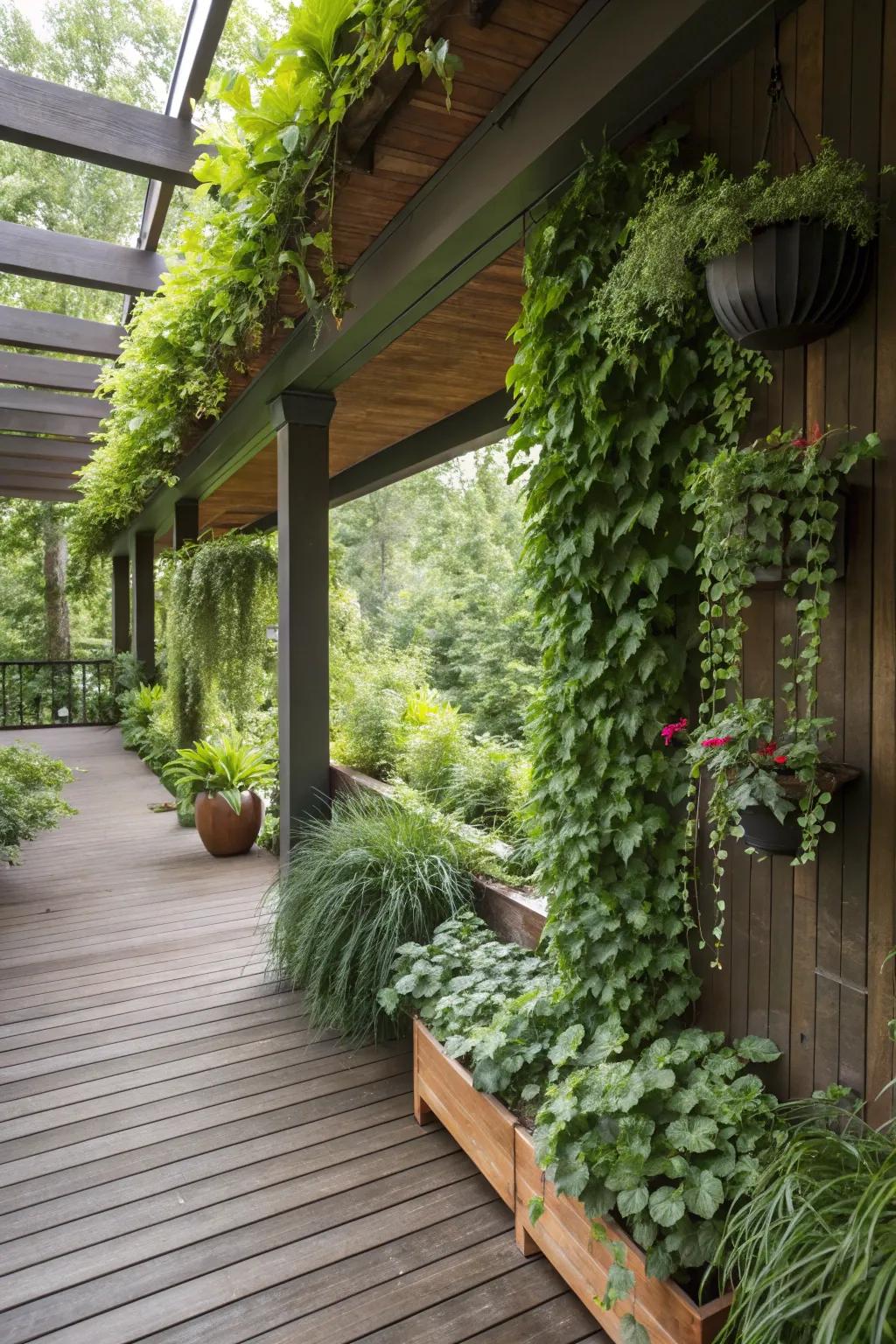 A secret garden nook under the deck, brimming with lush greenery and vertical planters.