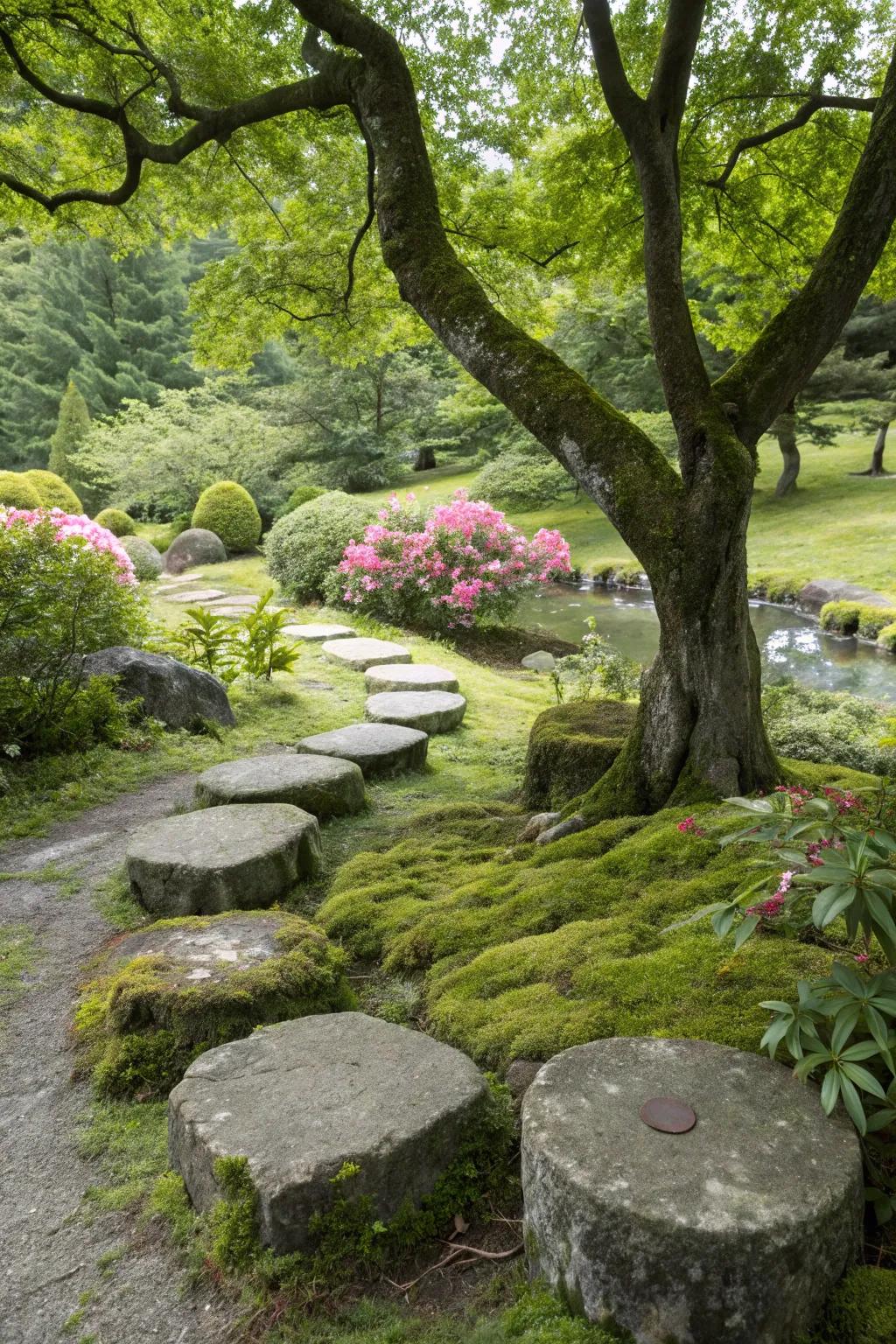 Stone seating seamlessly integrates with the natural setting.