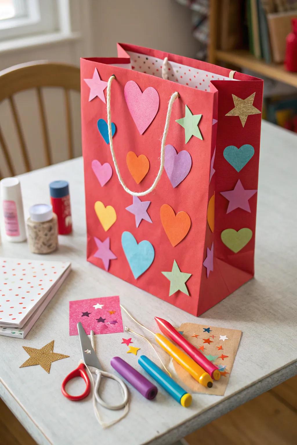 Valentine's bag with vibrant paper embellishments.