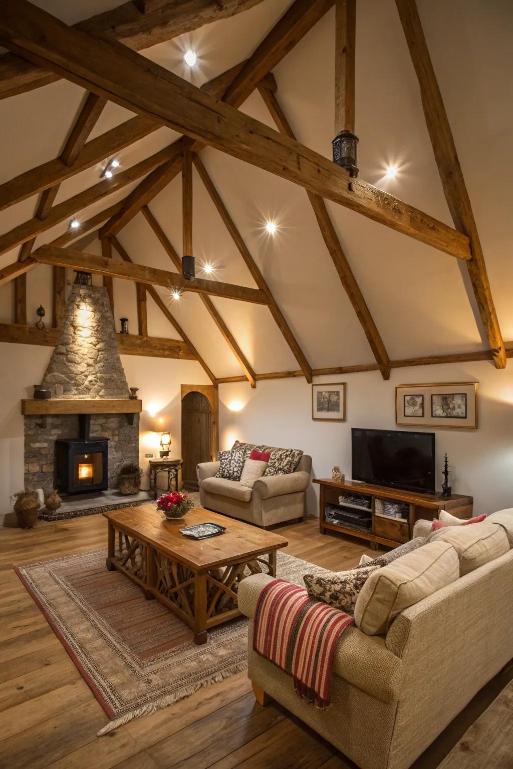 Exposed beams gain depth with thoughtful lighting choices.