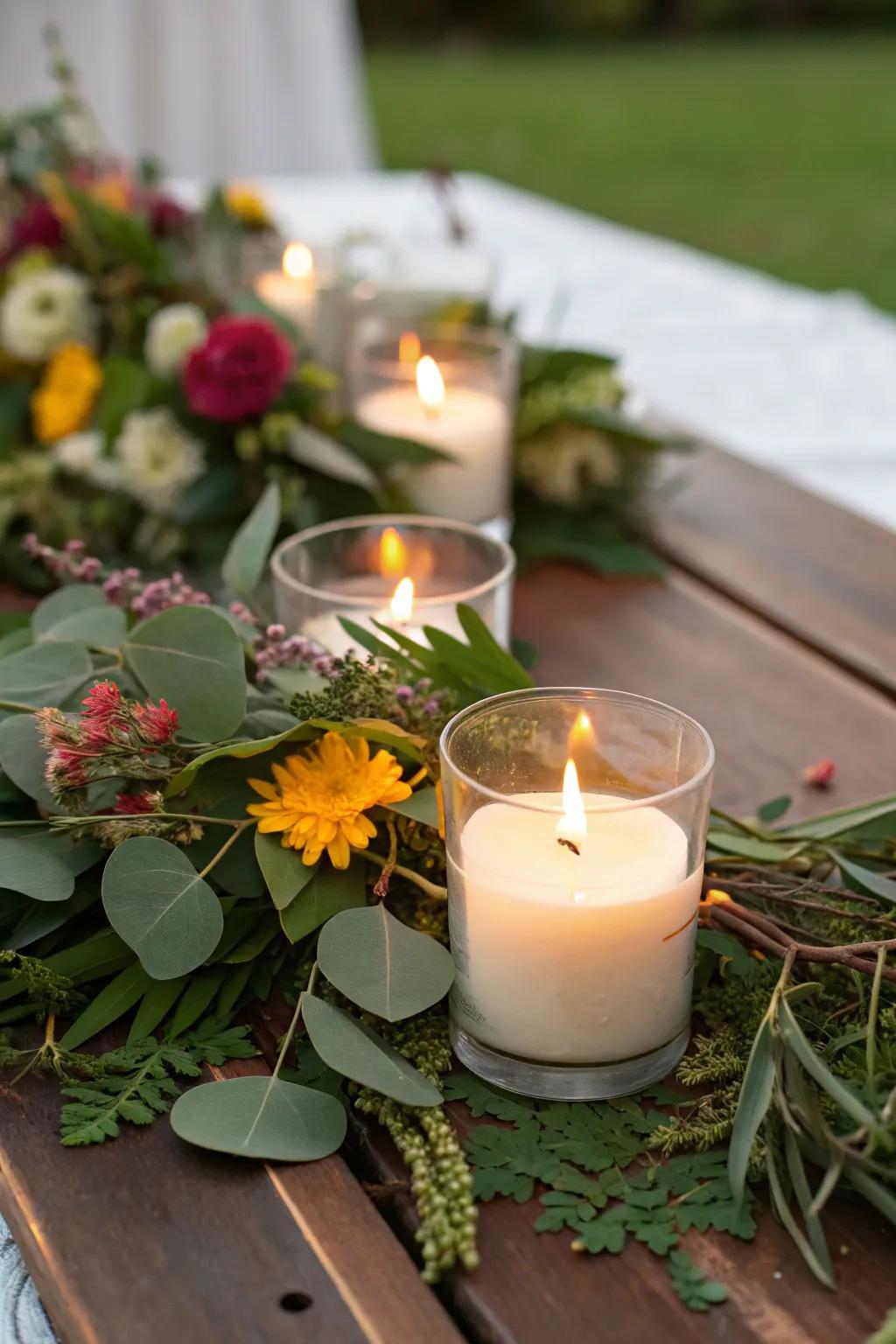 Natural elements harmonize beautifully with votive lights.