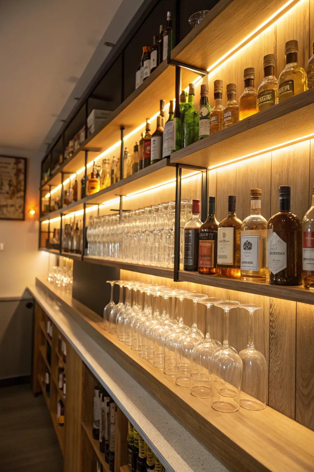 Under-shelf lighting creates a captivating and warm atmosphere in your bar area.