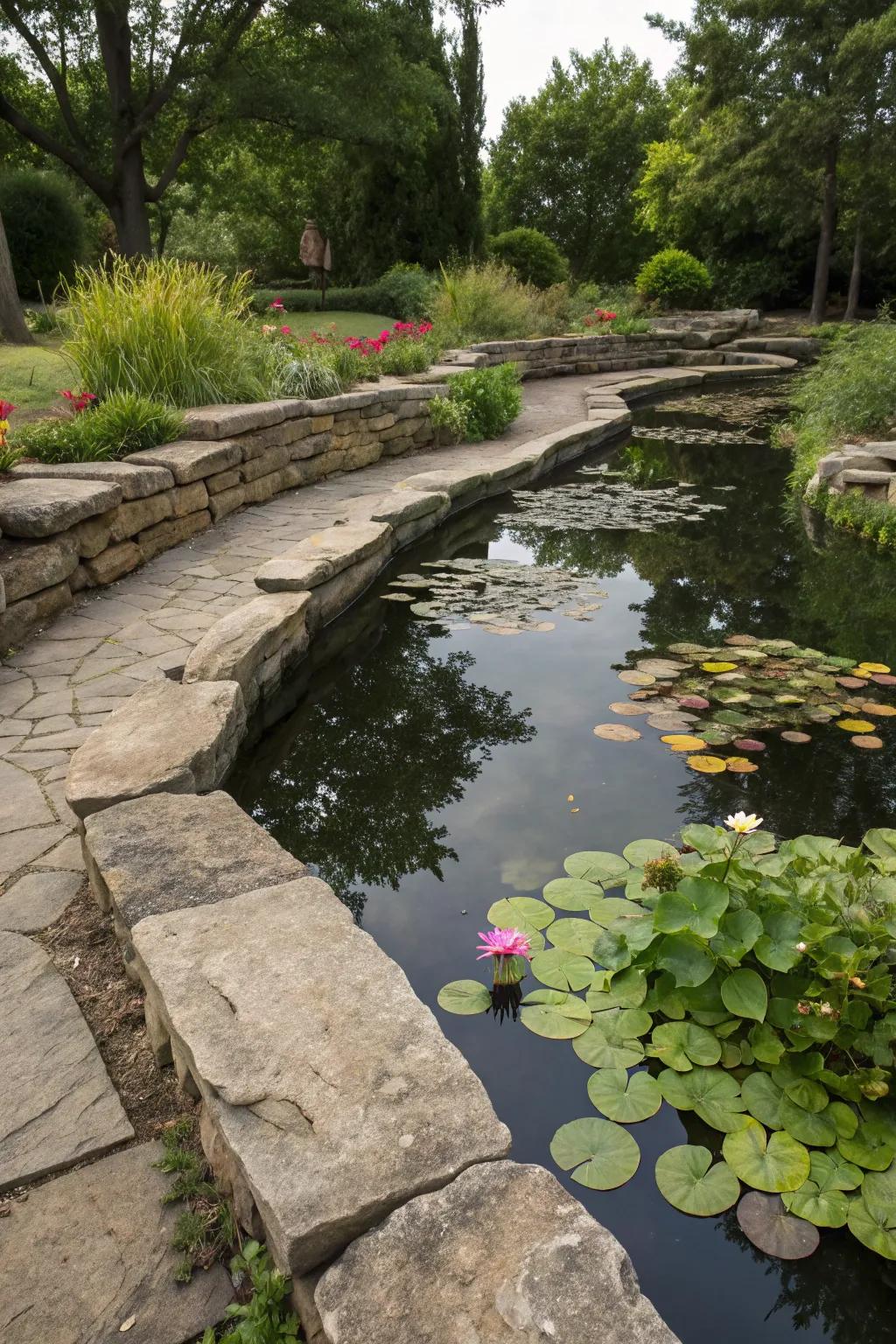 Natural stones fashion a fluid, countryside water garden.