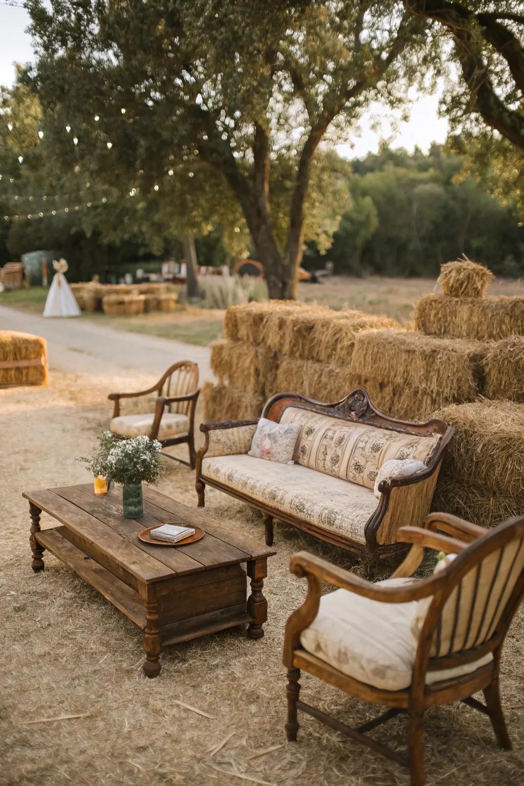 A cozy rustic lounge area for wedding guests.