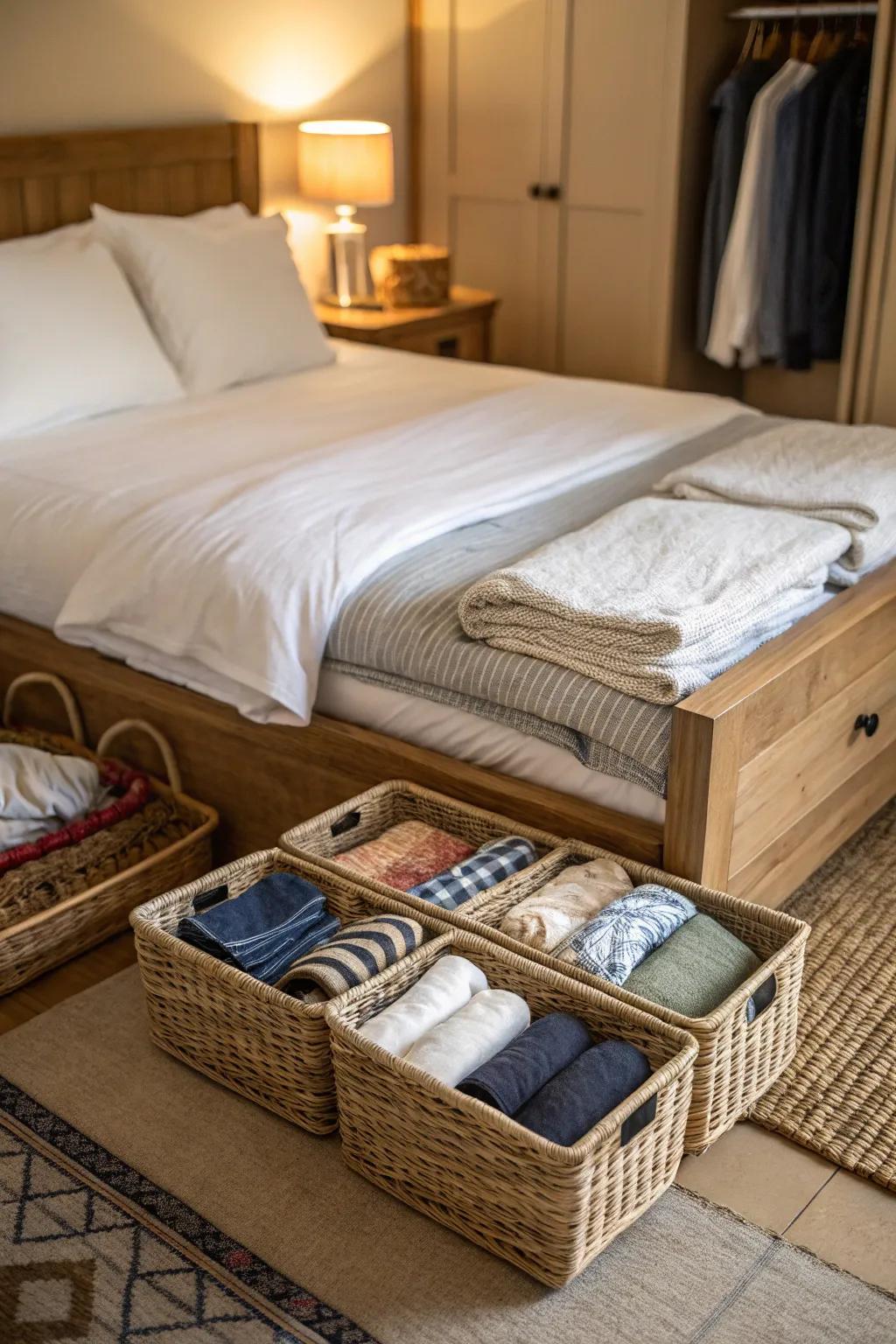 Flat baskets under the bed offer discreet and organized storage space.