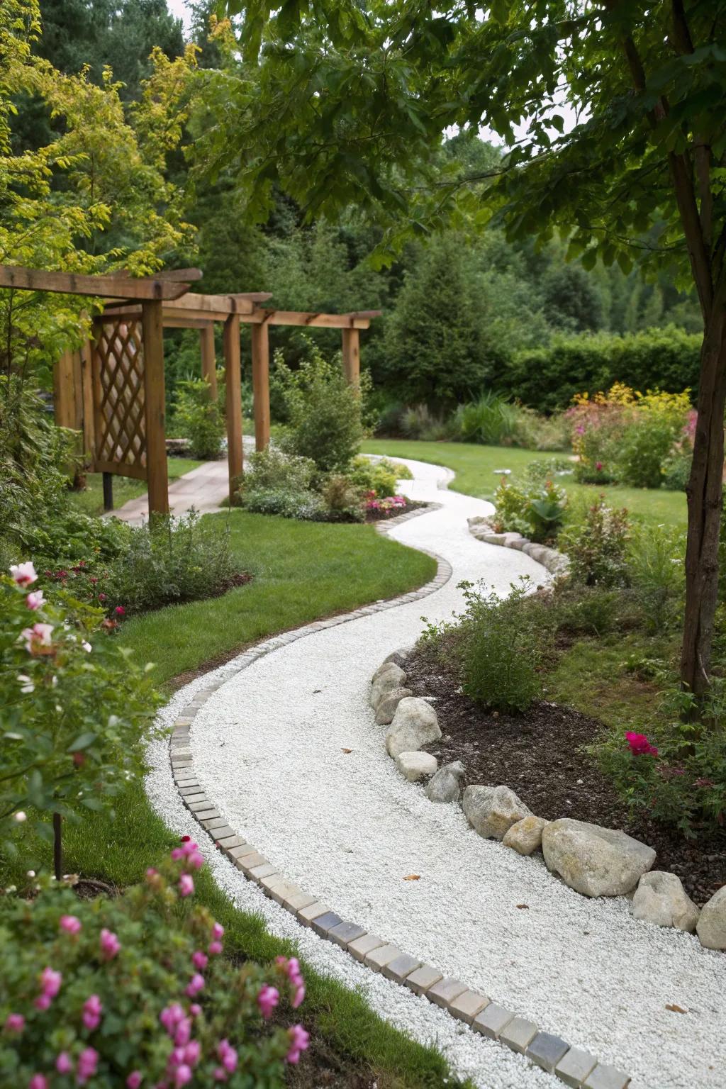White gravel walkways contribute a charming cottage-esque feel.