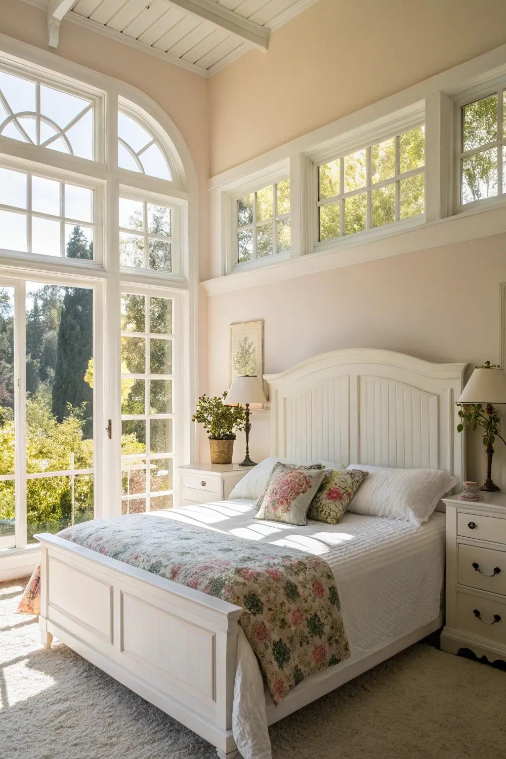 Natural light enhances the elegance of a white headboard.