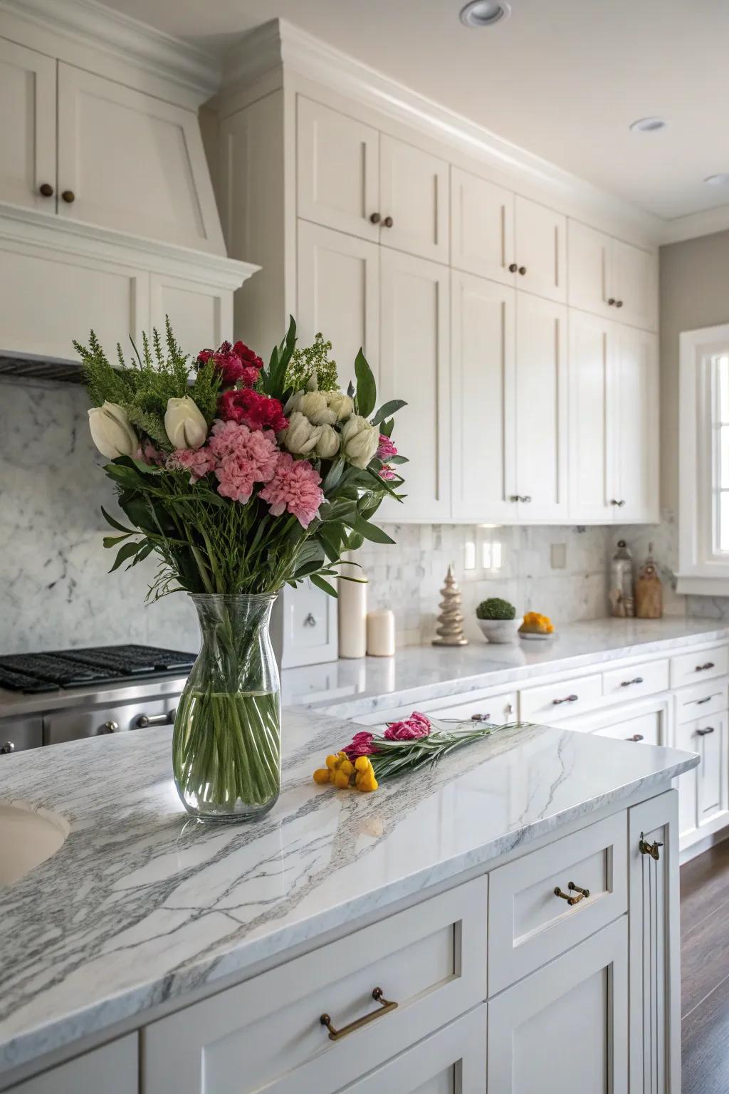 Marble countertops elevate the elegance of white cabinets.