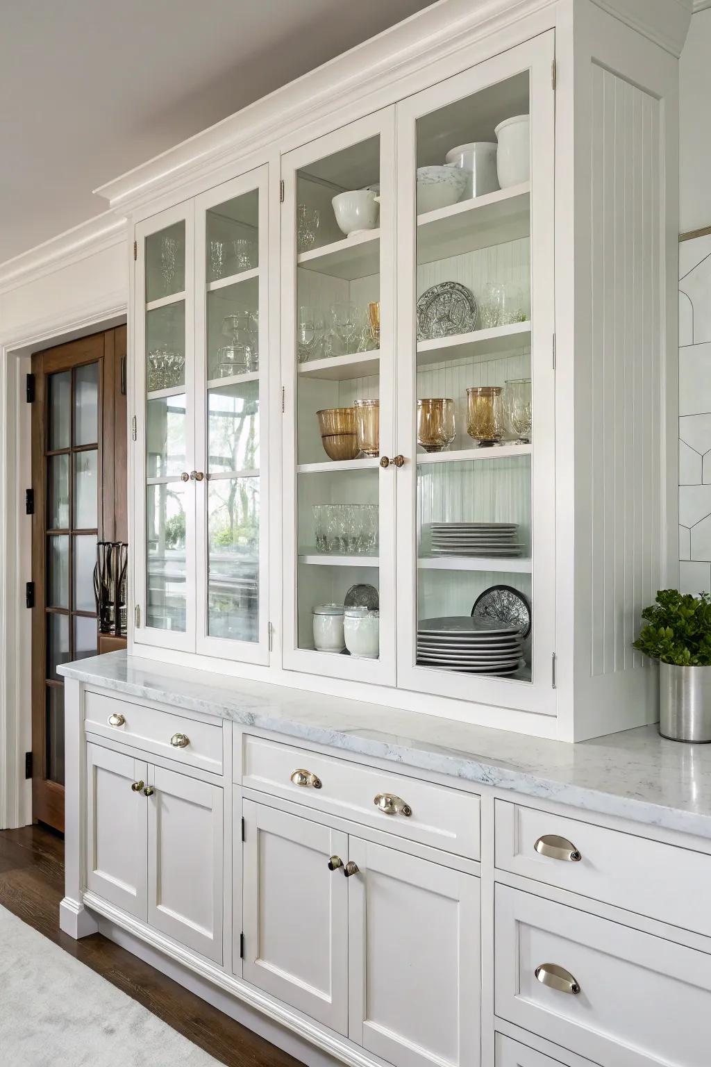 Shaker-style doors with glass fronts provide a traditional aesthetic.