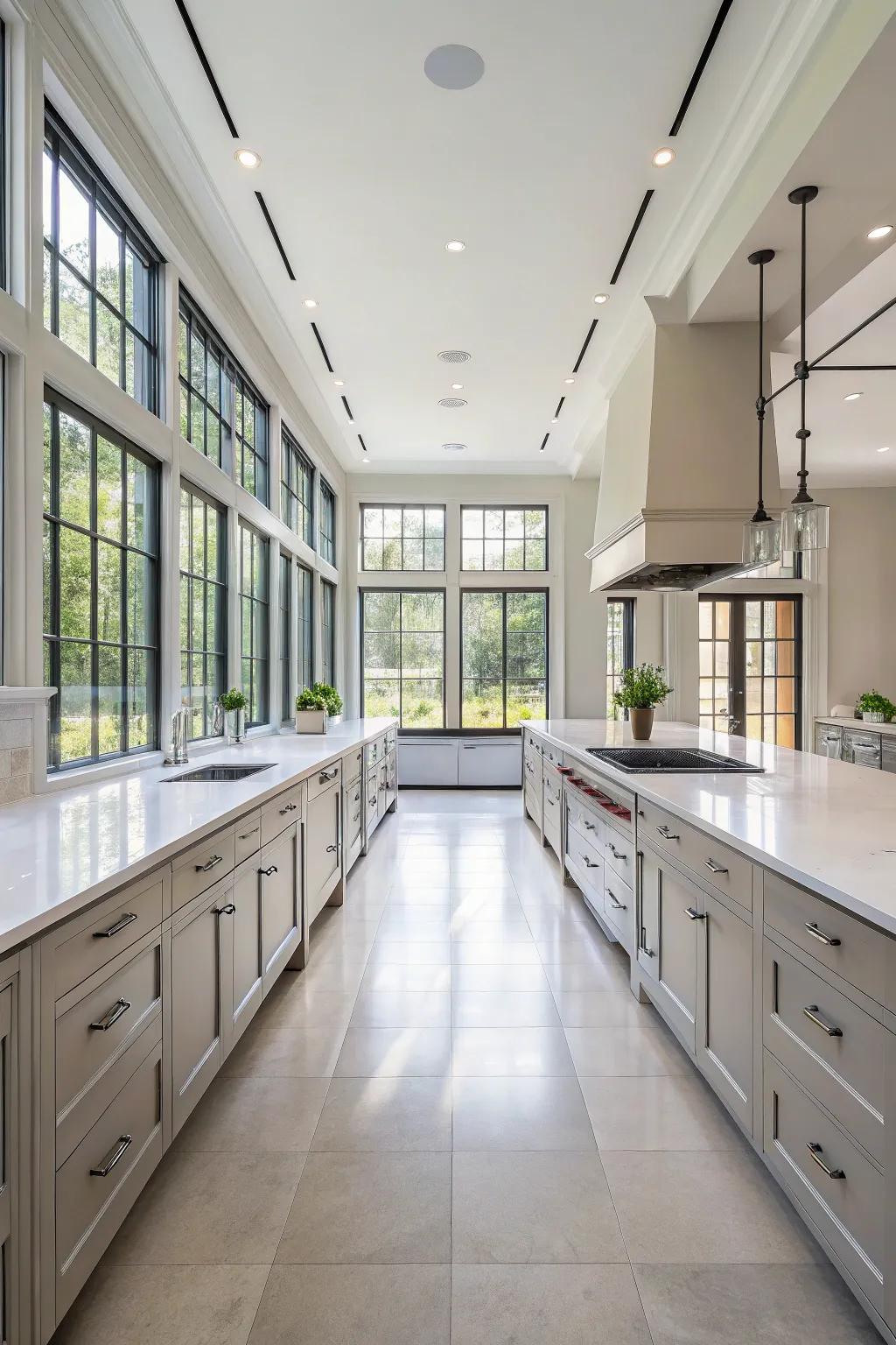 Symmetrical design elements creating balance in a wide galley kitchen.