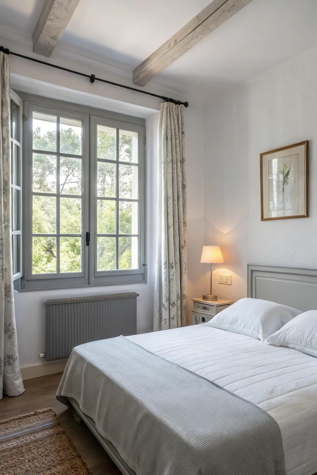 Delicate gray trim builds a relaxing environment in a bedroom.
