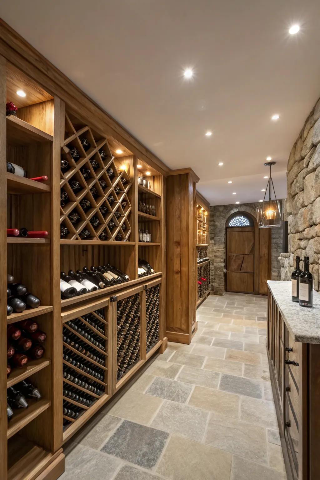 Elegant recessed lighting adding sophistication to the wine room.