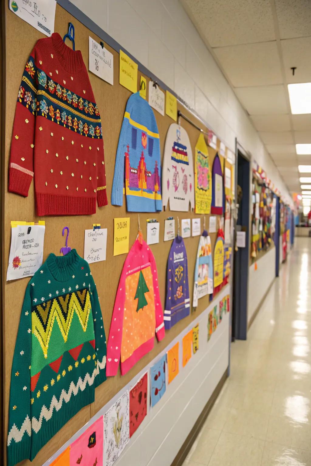 A display of cozy sweaters brings a warm touch to the winter bulletin board.