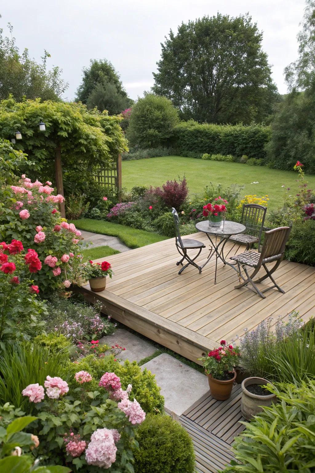 A deck beautifully integrated into a lush garden.