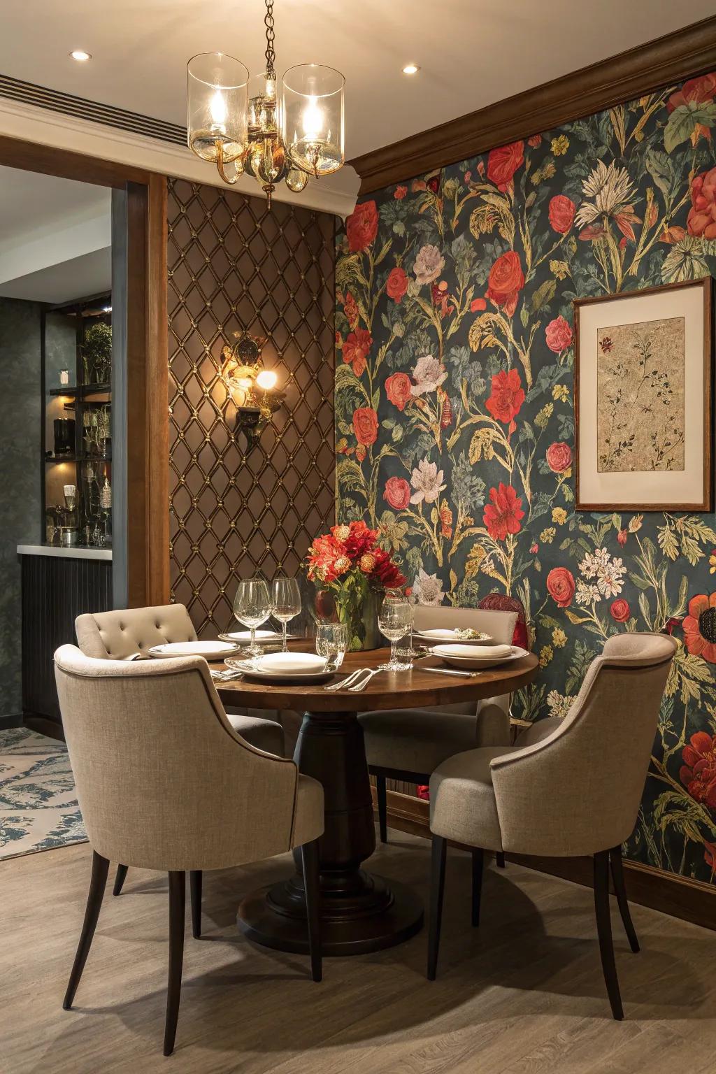 A bold floral wallpaper transforms the dining room into a vibrant and lively space.