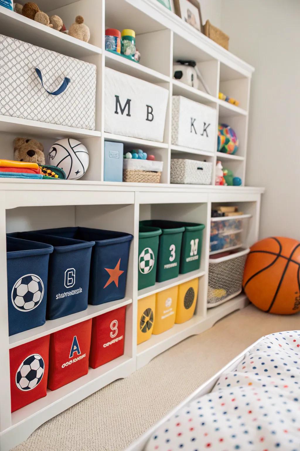 Sports-themed storage containers blend practicality with whimsical design.