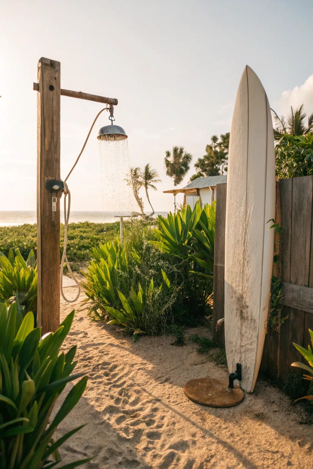 A beach-inspired outdoor shower with a surfboard backdrop.