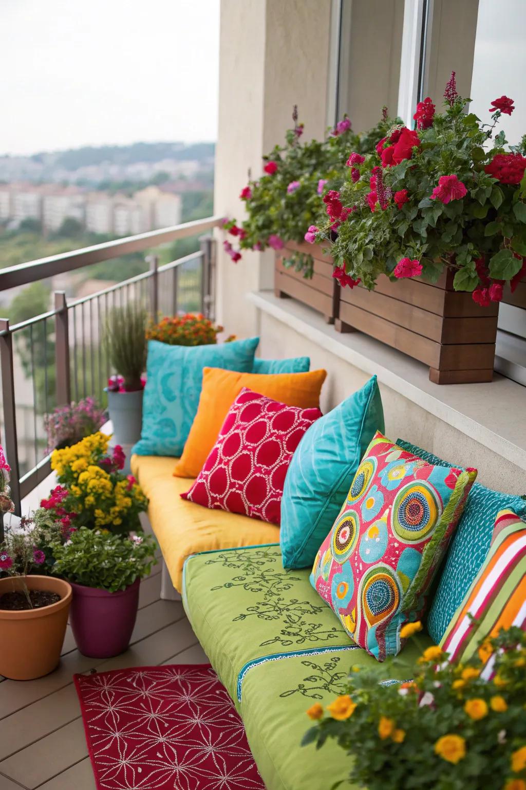 Brighten your balcony with colorful cushions and planters.