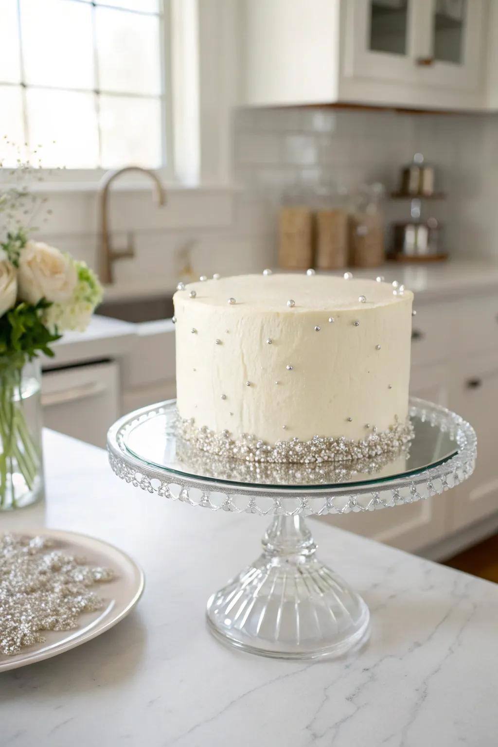 A pure white cake with a hint of sparkle.