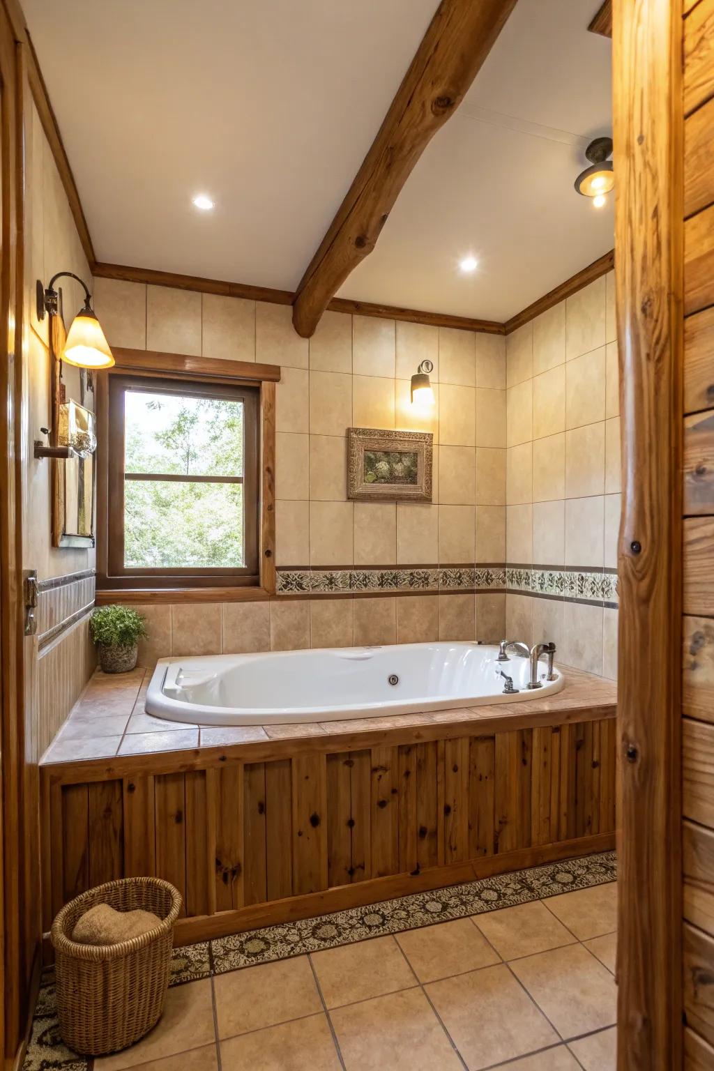 A tub surrounded by wooden accents for a warm and inviting atmosphere.