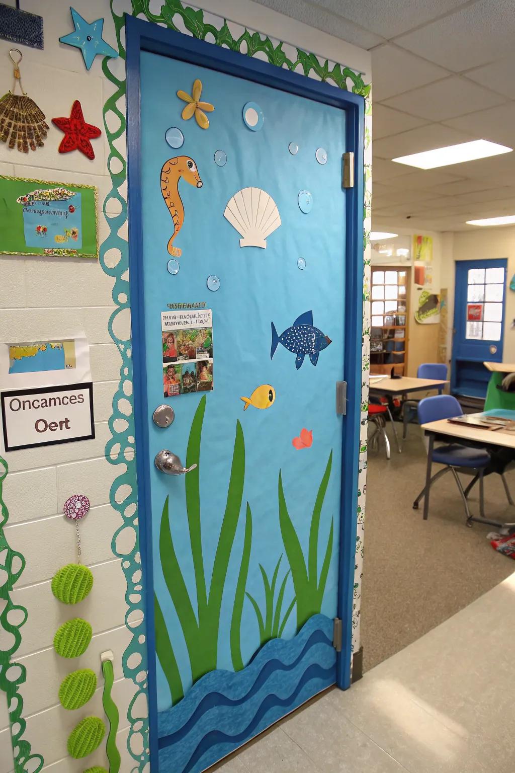 Serene classroom door with ocean colors and sea-themed elements.