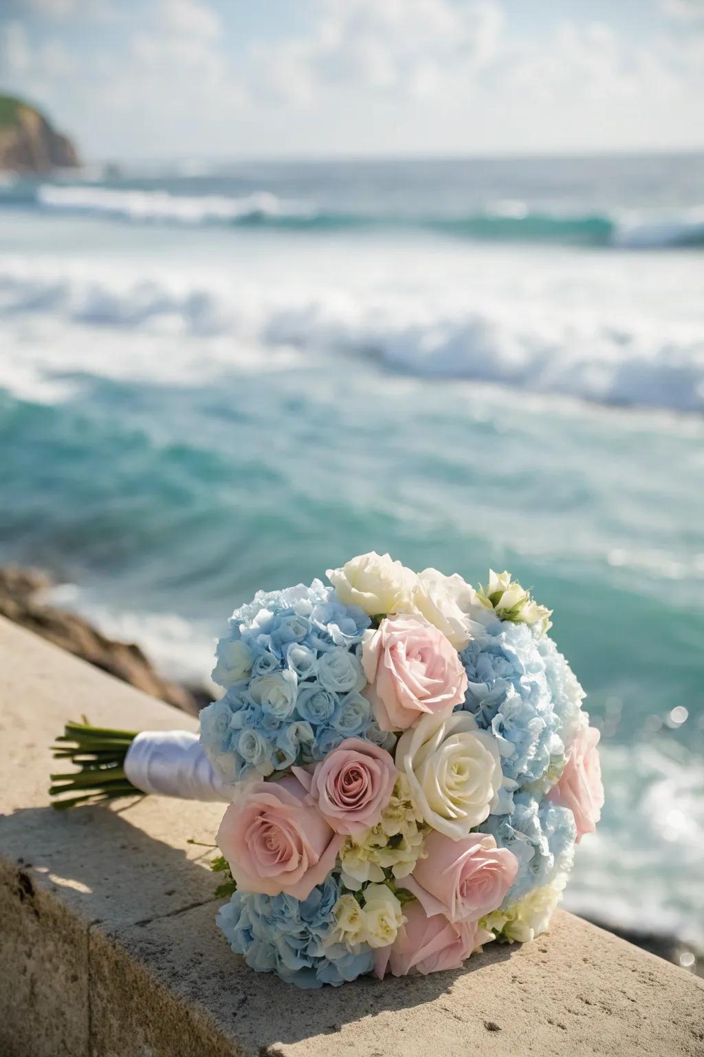 A pastel-colored bouquet exuding romance at the seaside.