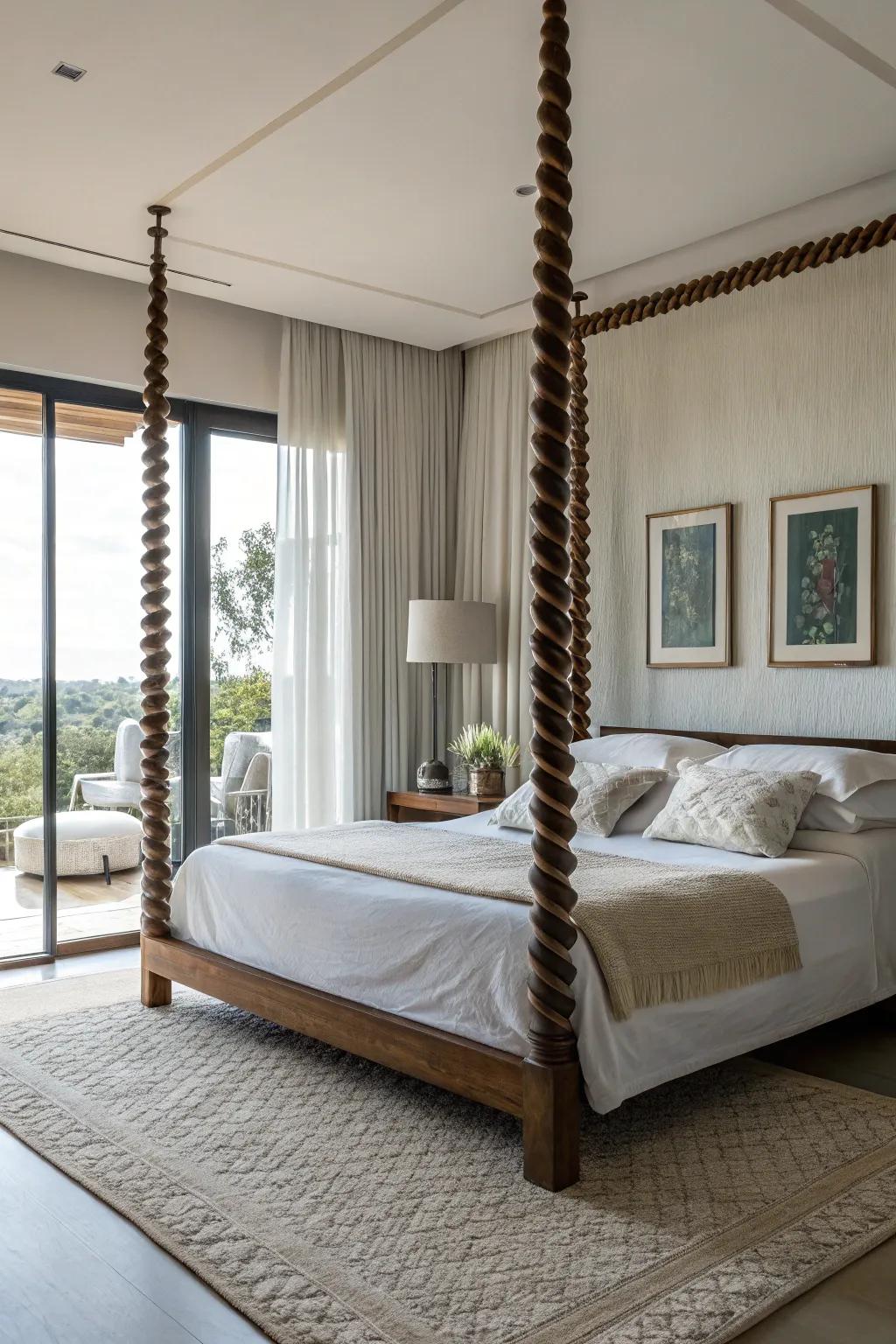 Twisted bedposts introduce a vibrant visual interest to your décor.