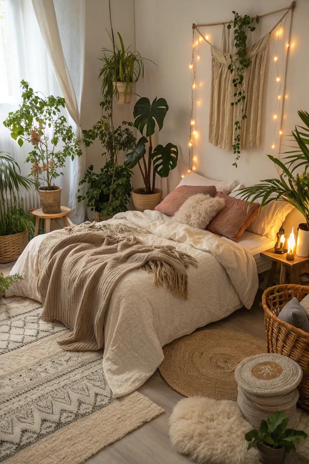 Harmonious textures and greenery cultivate a tranquil bedroom ambiance.