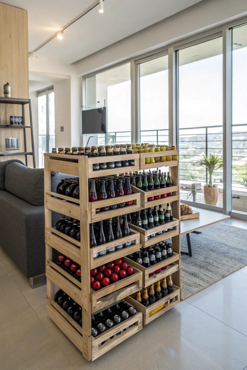 Stackable wine stands filled with beer bottles in a contemporary apartment setup.