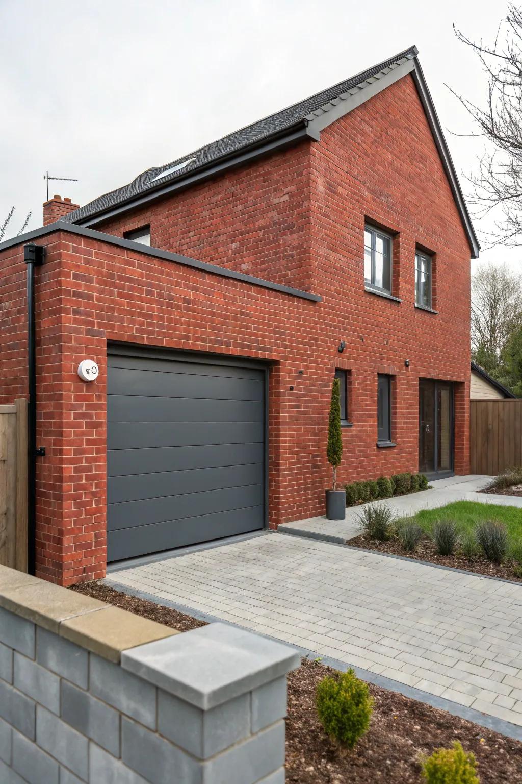 Deep gray garage doors give red brick houses a contemporary feel.
