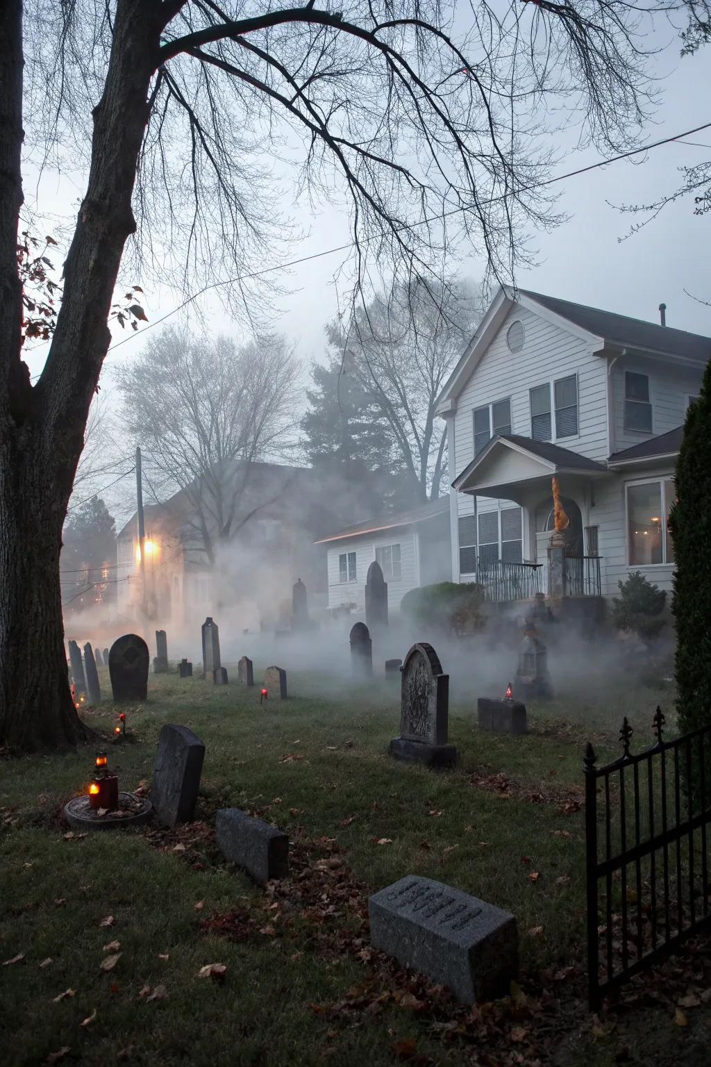 A foggy graveyard sets the stage for Halloween thrills.