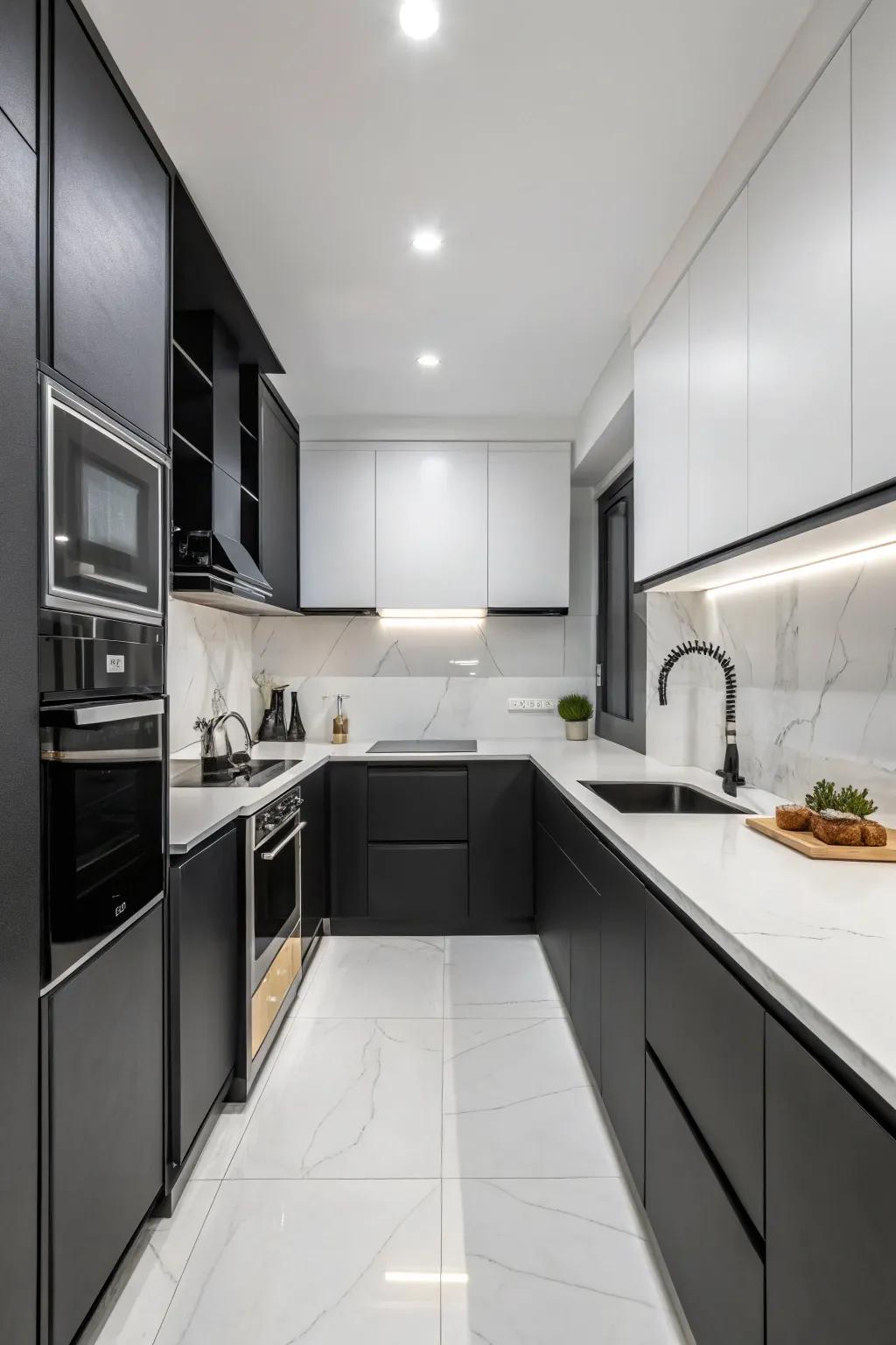 Clean lines and minimalist design in a black and white kitchen.