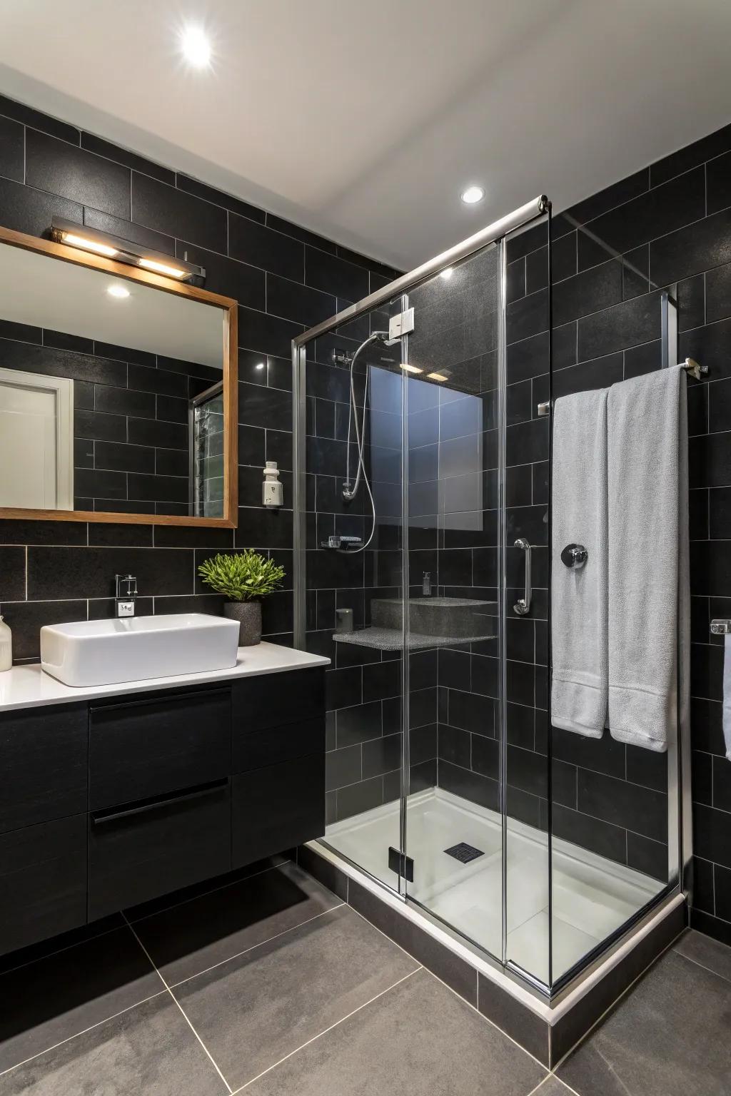 Glass elements bring a modern touch to black bathroom designs.