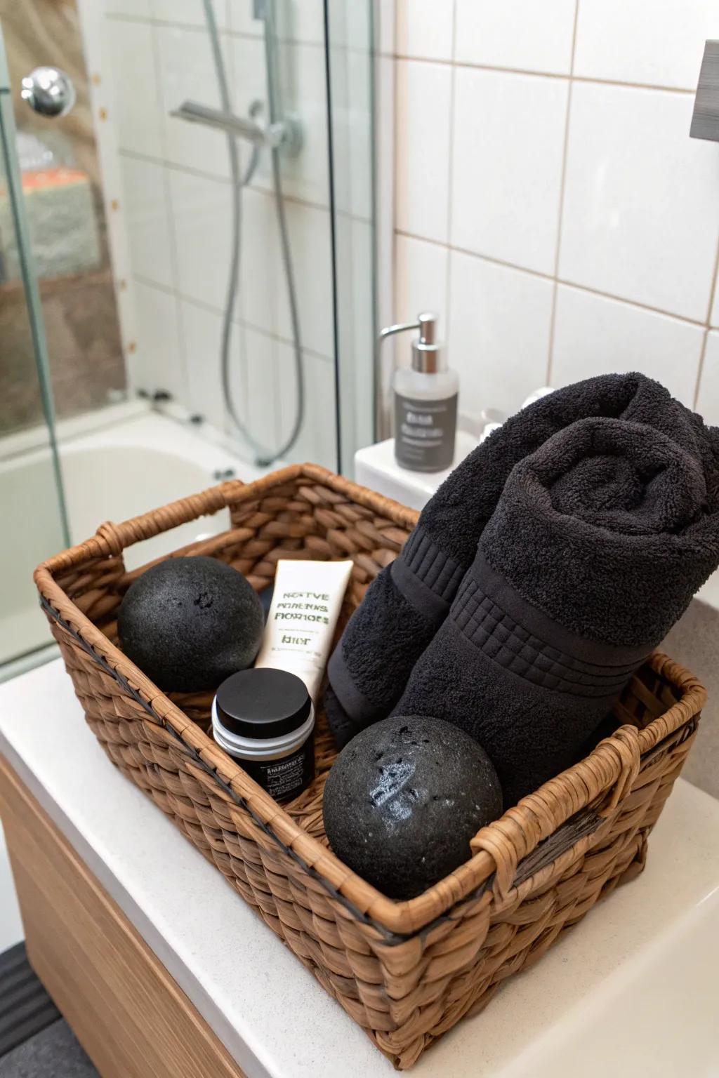 Indulge in a spa retreat with this luxurious black basket.