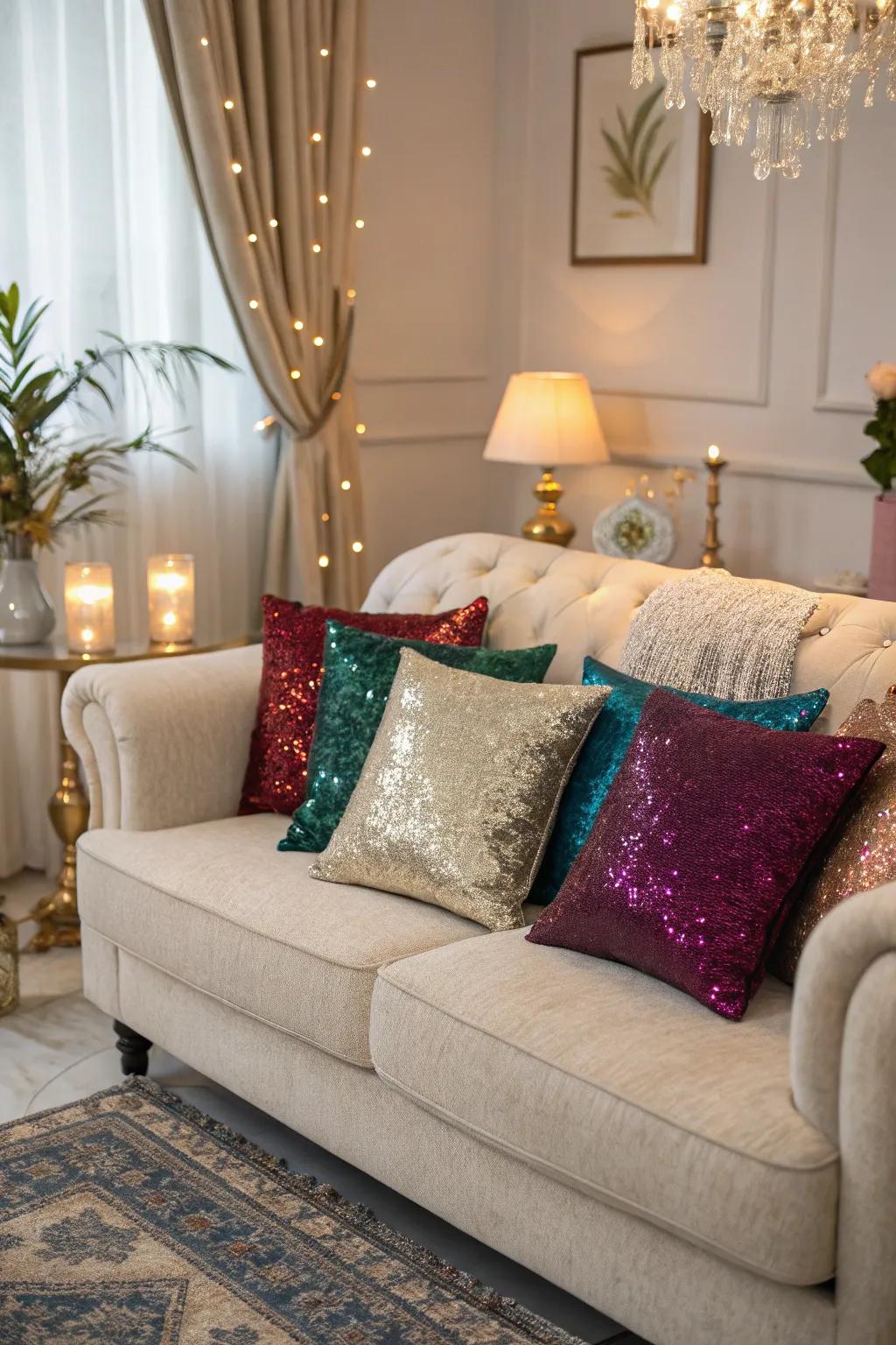 Sequined pillows adding opulence to the living room.