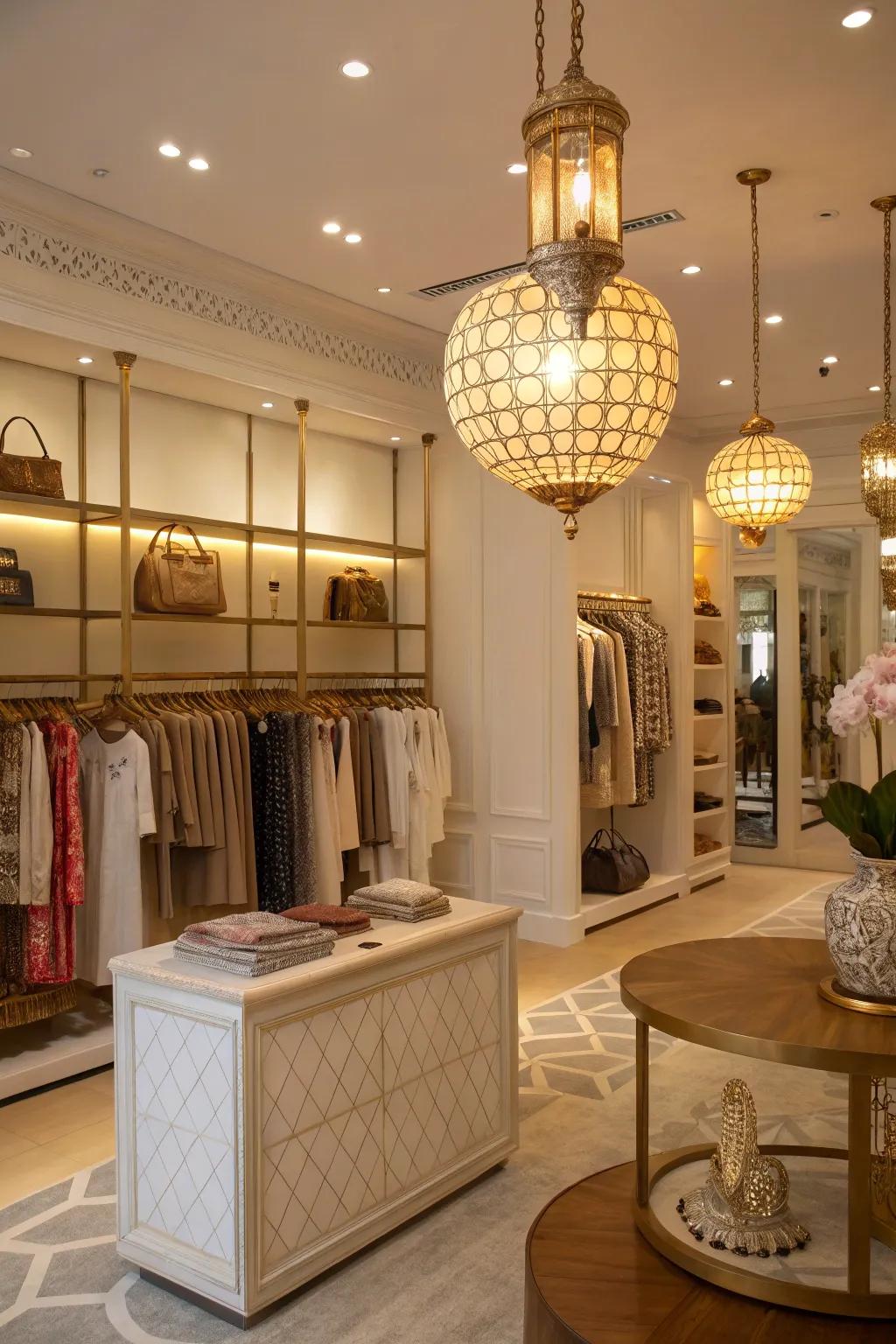 A boutique interior featuring carefully considered lighting, merging general and spotlighting to enrich the decor.