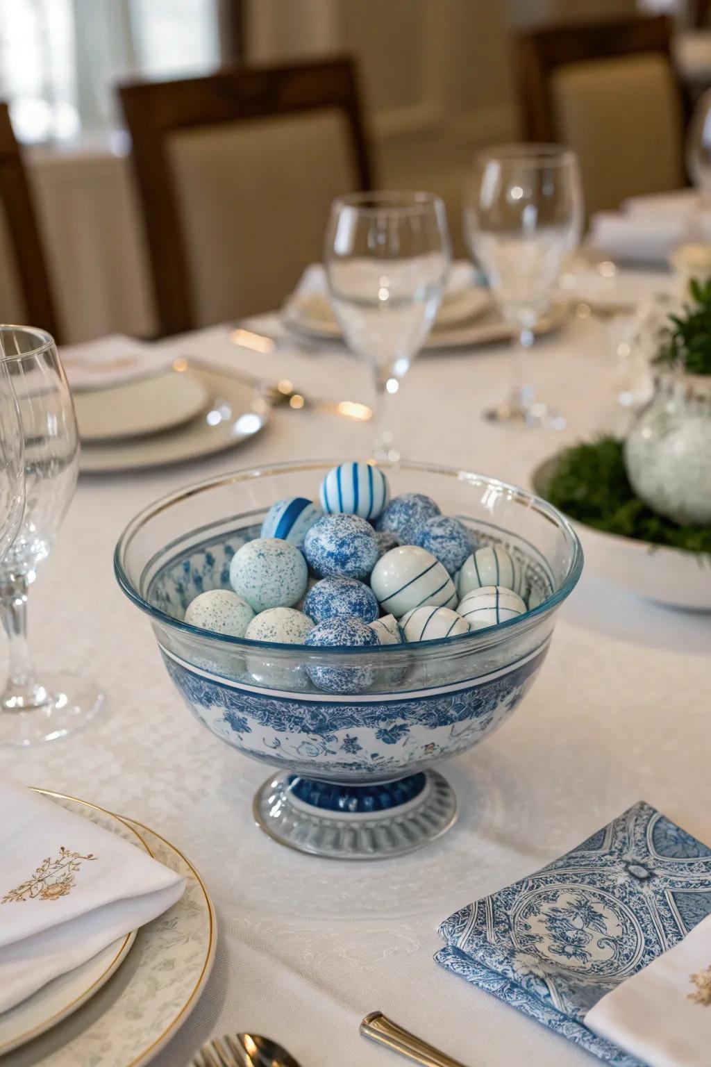 A glass bowl elegantly filled with blue and white porcelain