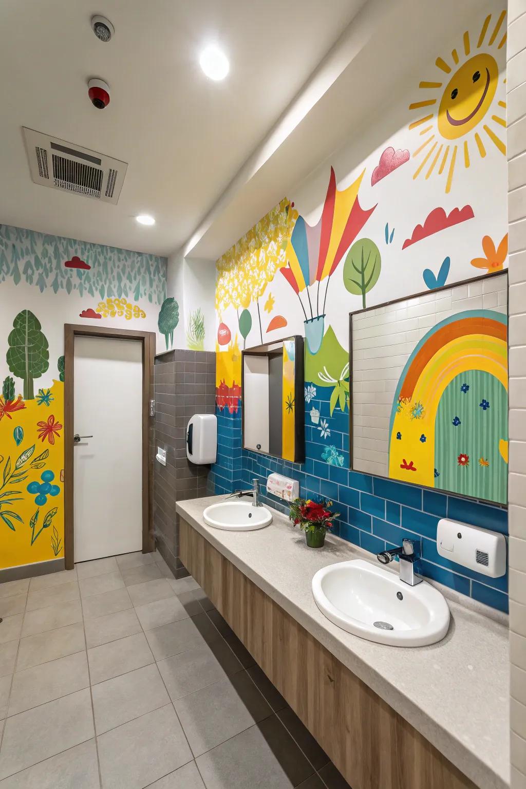 Wall art adds personality to a boys' bathroom.