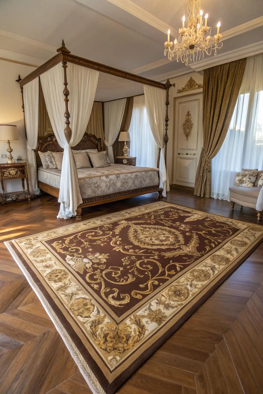 An ornate rug ties the room together with elegance.