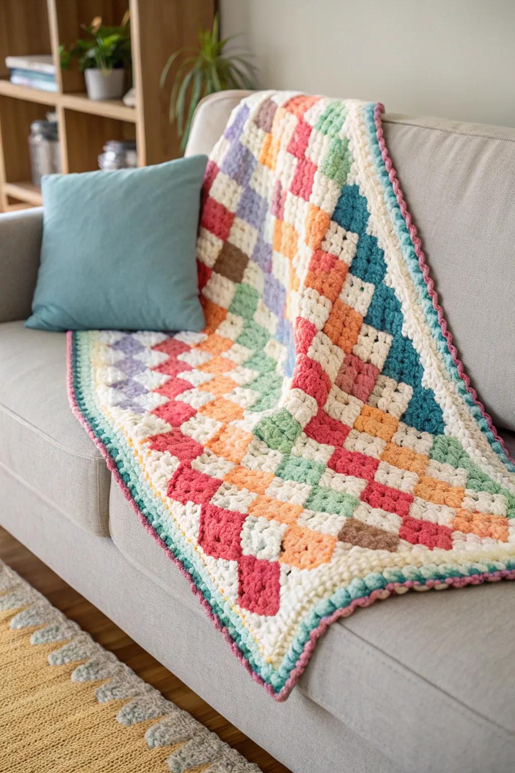 A textured border using solid and variegated fibers enhances this modern living area.