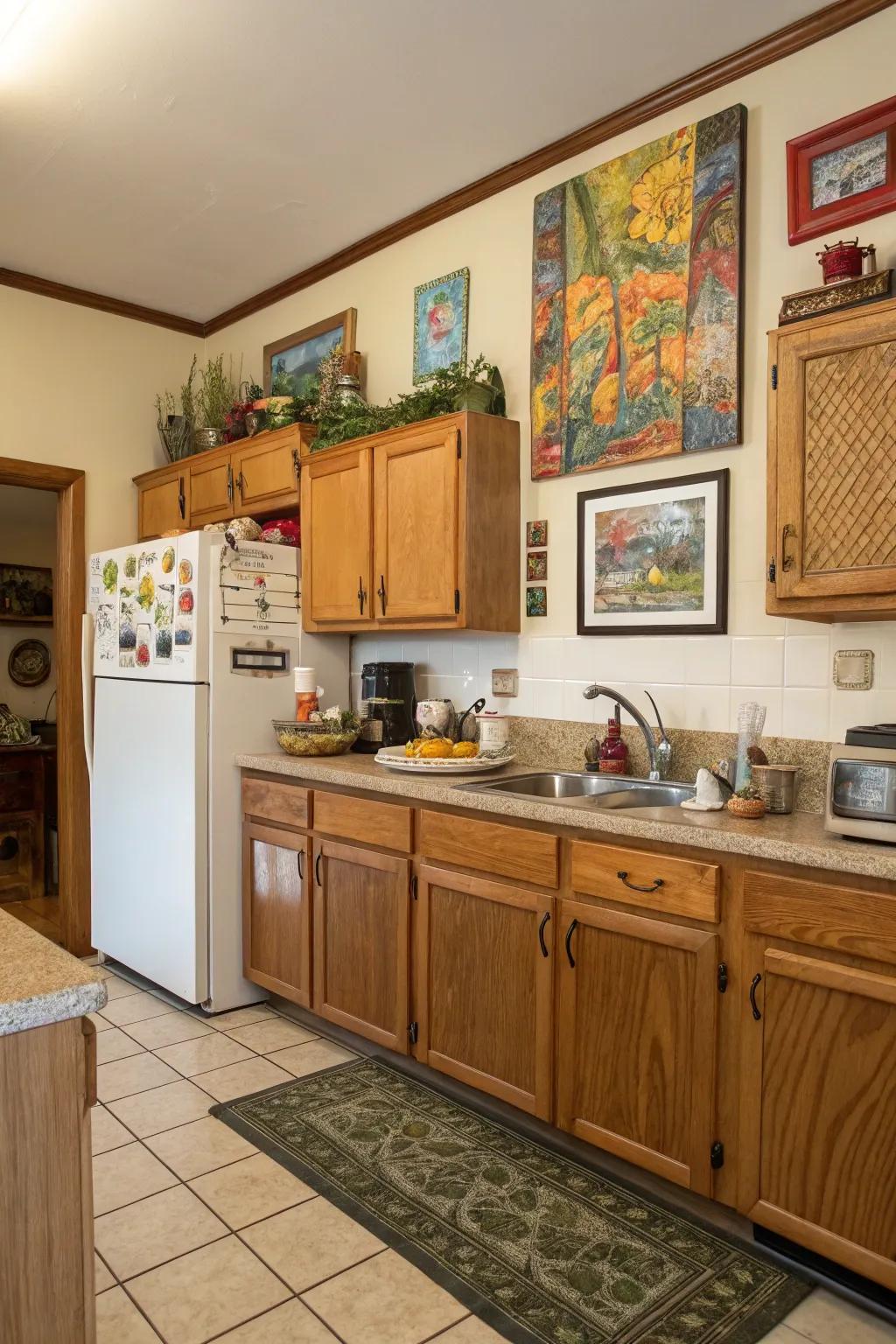 Art above the fridge can impart a distinctive personal flair to your kitchen.