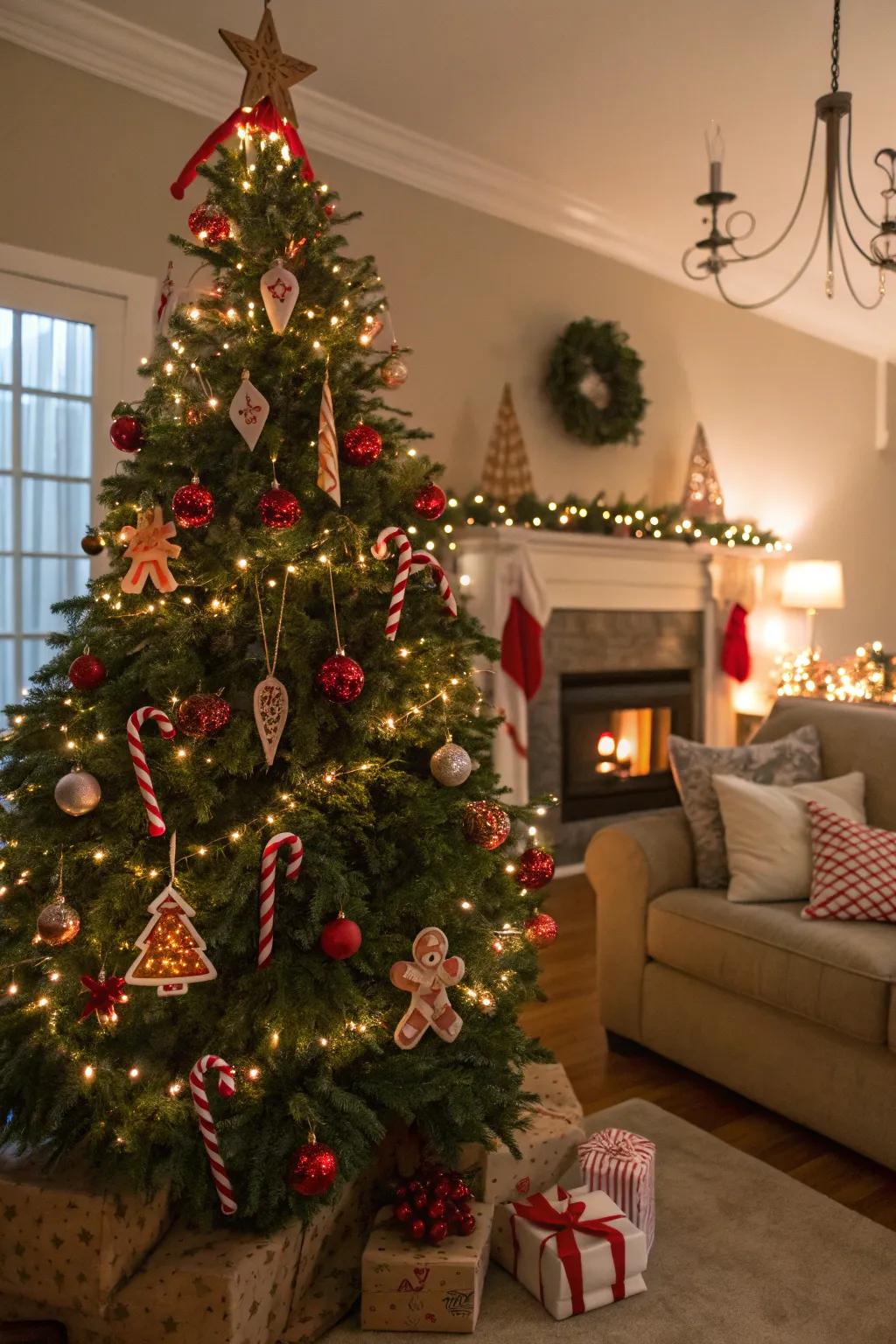 Gingerbread and candies create a sweet festive story on this tree.