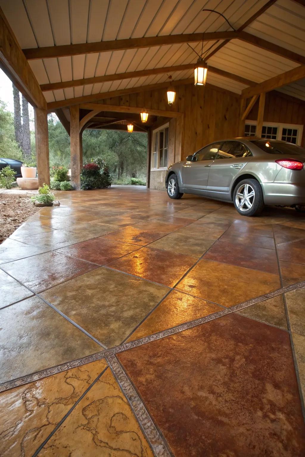 Concrete staining brings sophistication to a standard carport floor.
