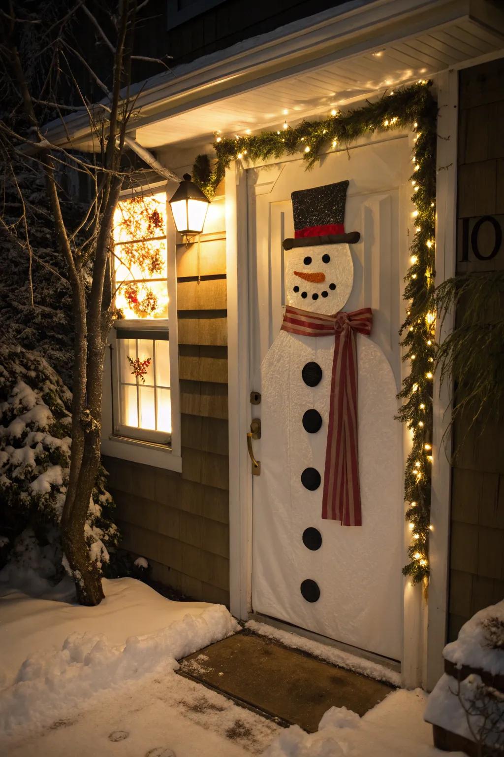 A playful snowman brings a smile to this festive doorway.