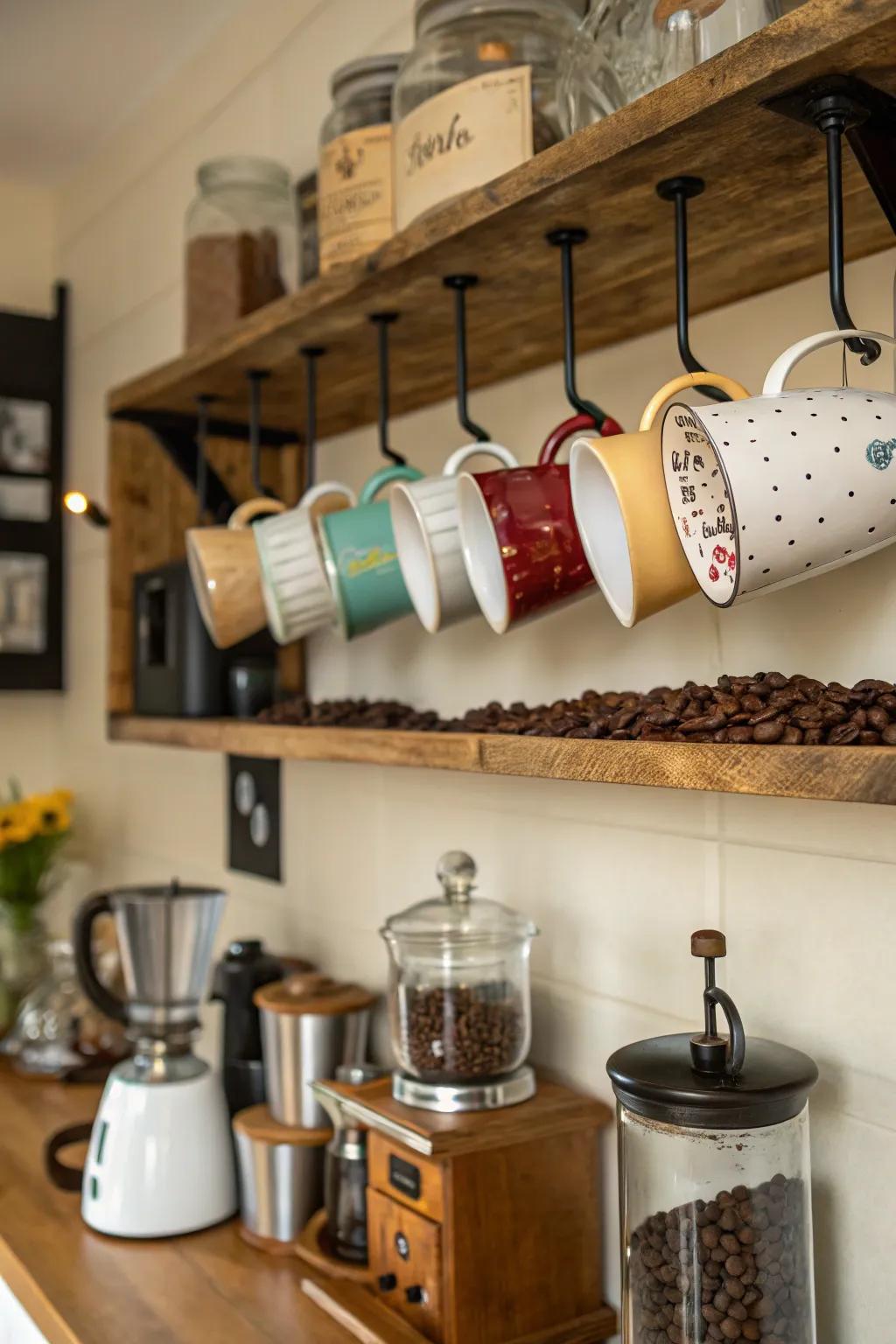 Hang mugs beneath shelves to save space and add charm.