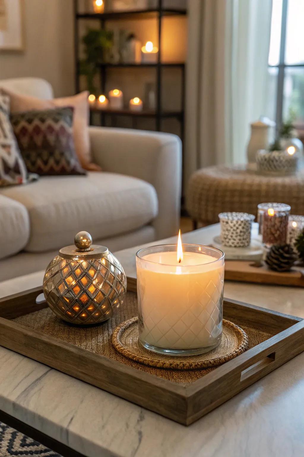 Candles add warmth and a cozy ambiance to any coffee table.