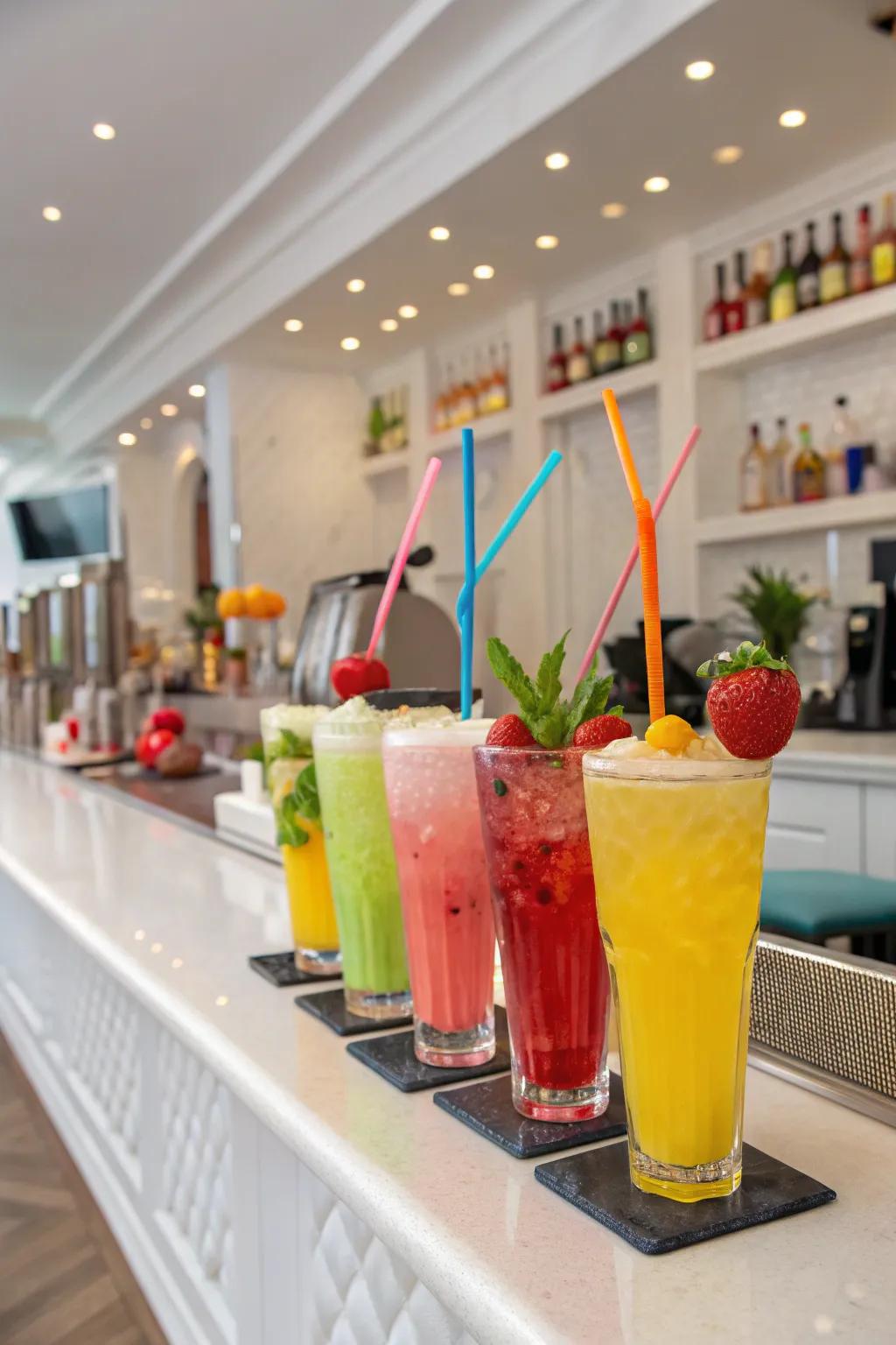 A selection of colorful cocktails ready to serve.