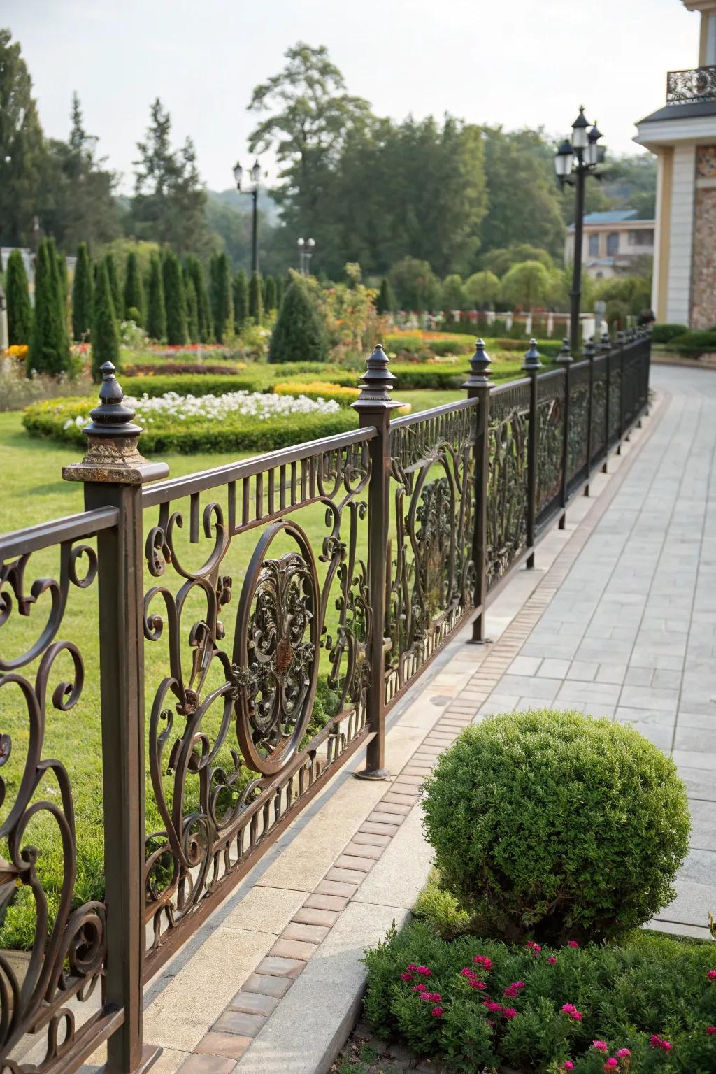 Ornate metal fencing adds a touch of sophistication.